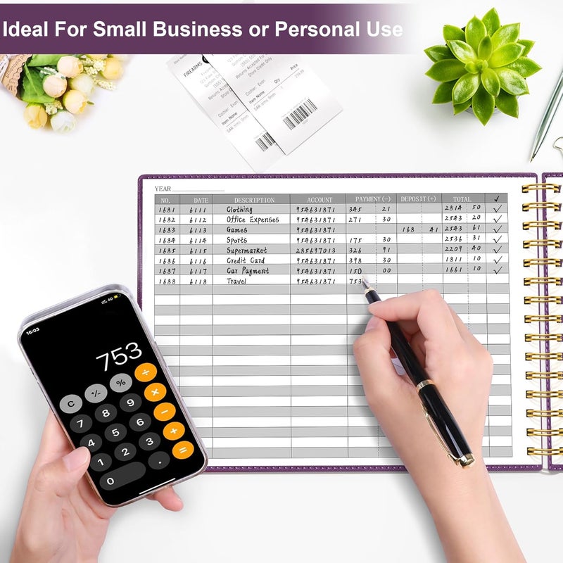 Hautoco Hardcover Accounting Ledger Book for Small Business Bookkeeping Horizontal Money Expense Tracker Notebook with 2 Storage Pouch, Personal Columnar Log Journal 10.78 x 8'', Deep Purple - Image 4